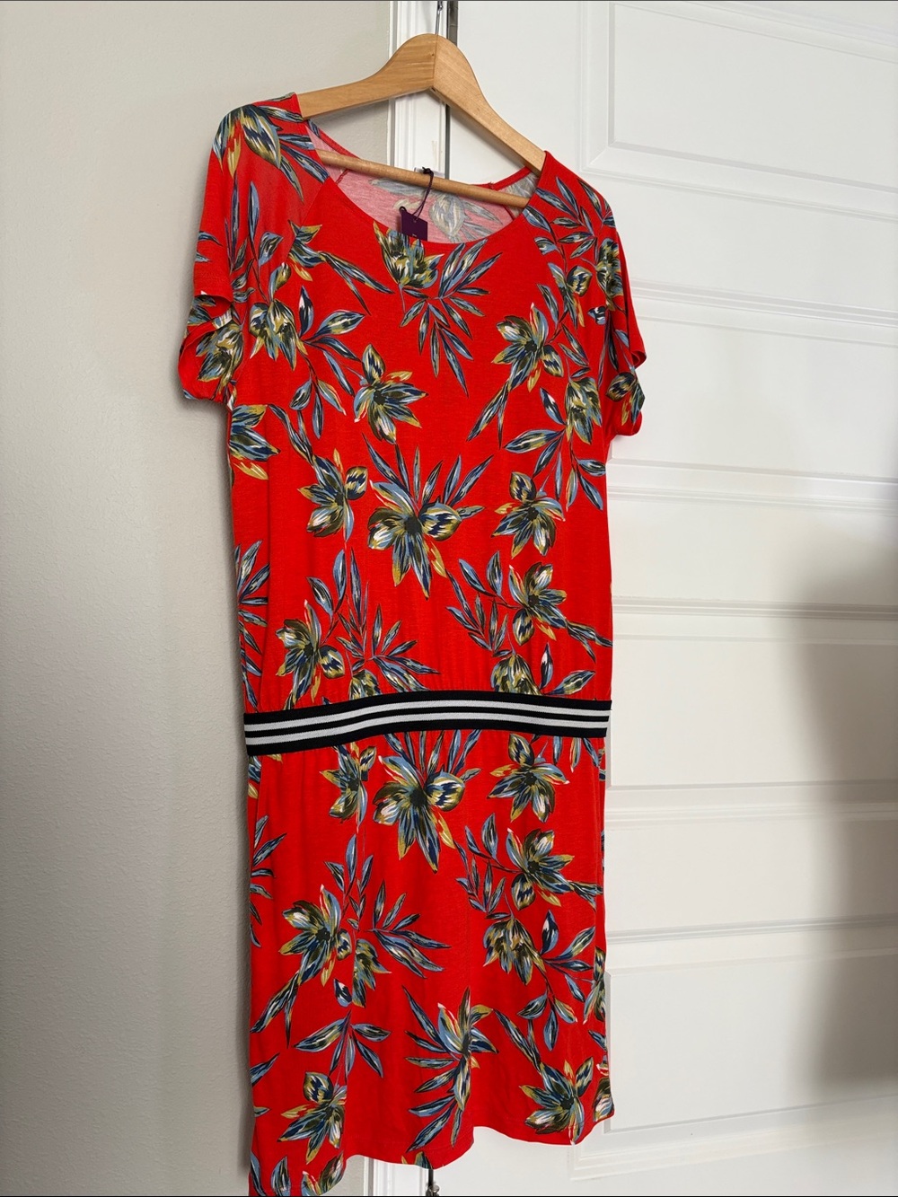 Red Floral Midi Dress with Waist Stripe